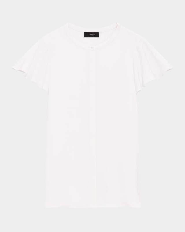 Ruffle-Sleeve Silk Button-Front Top